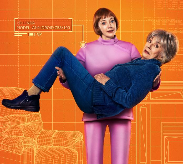 Illustration of Linda, an Ann Droid model, carrying Sue with a grid overlay and computer code in the background.