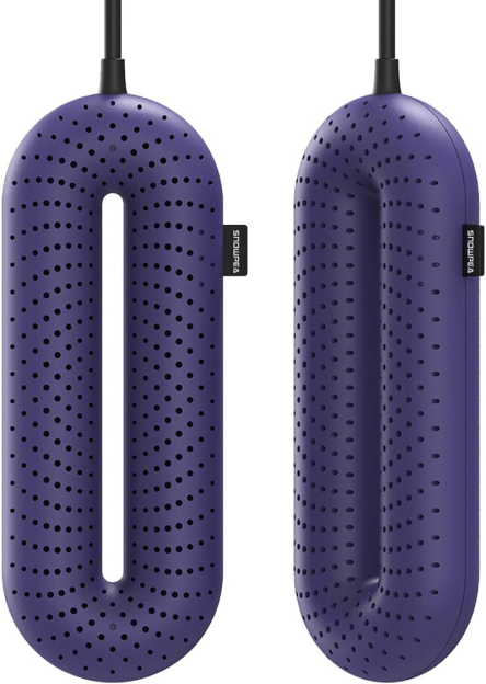 Illustration of two purple shoe dryers with black cords and tiny holes.