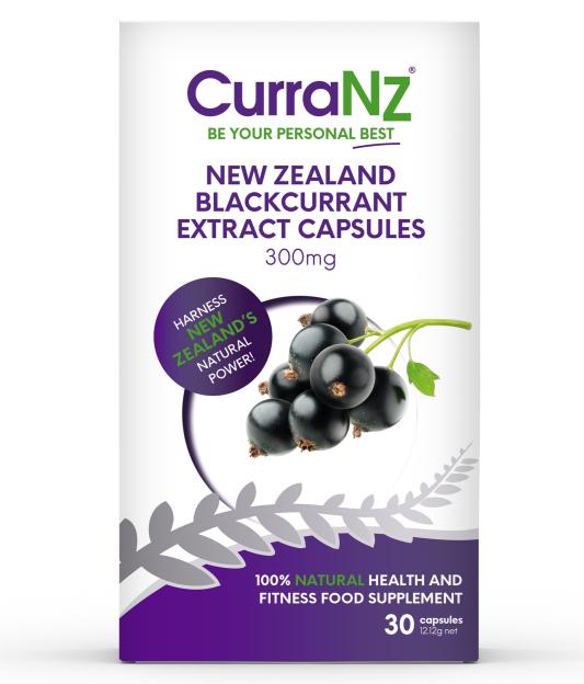 Box of CurraNZ New Zealand blackcurrant extract capsules.