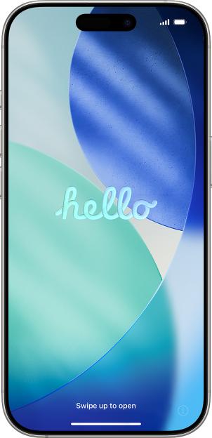 iPhone lock screen displaying "hello" in a glowing blue font, with "Swipe up to open" at the bottom.