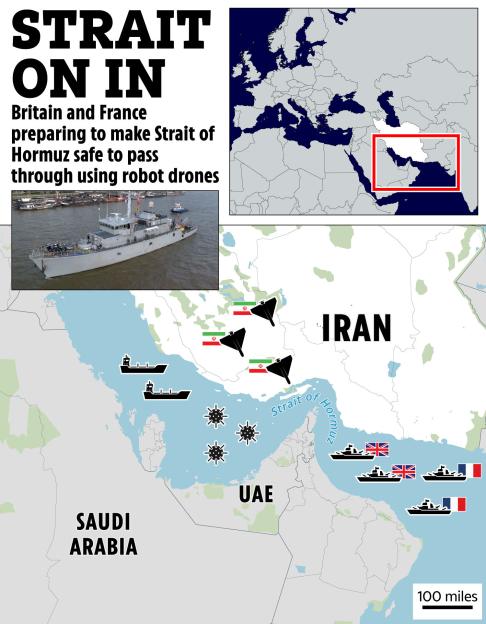 Illustration of a map of the Middle East, a photo of a patrol boat, and the text "Strait On In".
