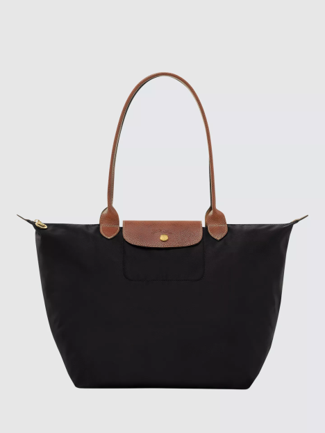 Black Longchamp Le Pliage Original Large Shoulder Bag with brown leather flap and handles.