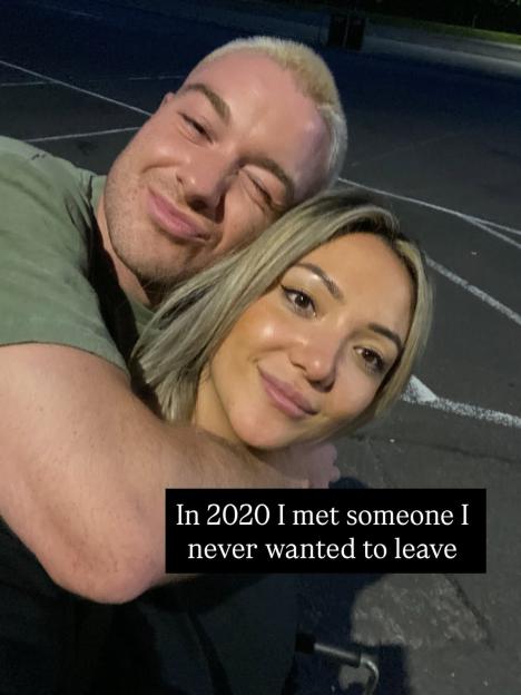 James Hype, a man with blonde hair, hugs a woman with blonde hair, both smiling, with text overlay: "In 2020 I met someone I never wanted to leave".