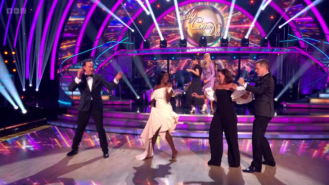 Four dancers on the "Strictly Come Dancing" stage.