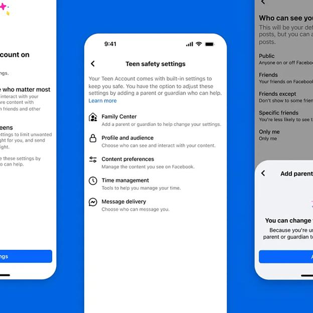 Collage of screenshots showing a teen safety settings menu, a "Who can see you" privacy menu, and an "Add parent" screen.