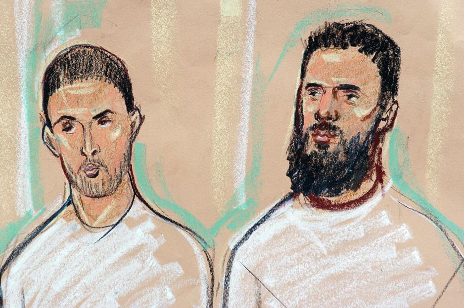 Illustration of suspects Ibrahim Savant and Waheed Zaman in court.