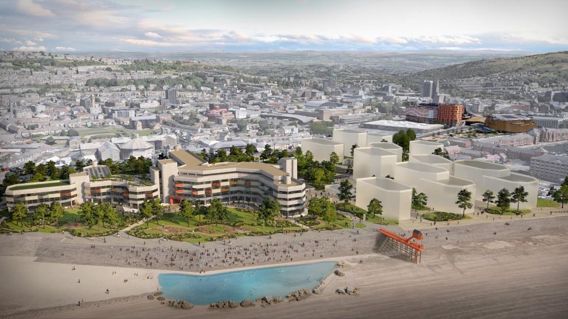Illustration of the new Swansea Civic Centre site featuring a lido, aquarium, and beachfront cafes.