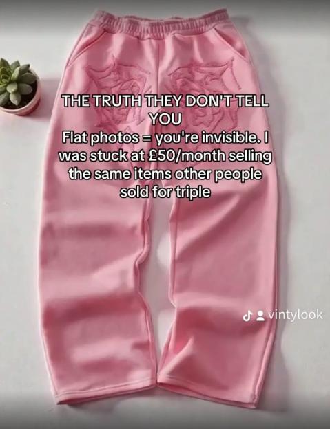 Pink sweatpants with a text overlay discussing how flat photos render Vinted items invisible.