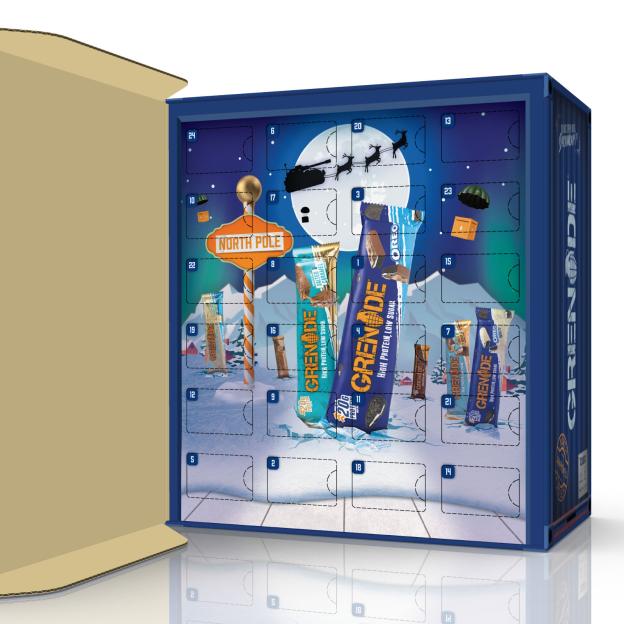 Illustration of a Grenade Advent Calendar with protein bars and a winter scene.