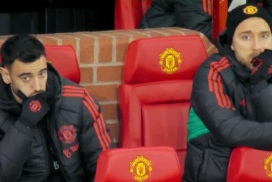 Bruno Fernandes and Christian Eriksen looking 'miserable' on the bench.