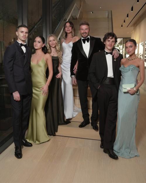 David and Victoria Beckham with their family at David Beckham's 50th birthday celebration in Miami.