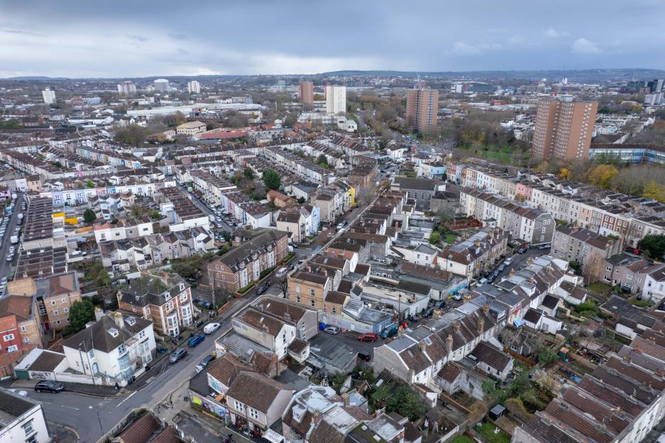Aerial view of the Stapleton Road area of Bristol, characterized by residential streets and buildings.