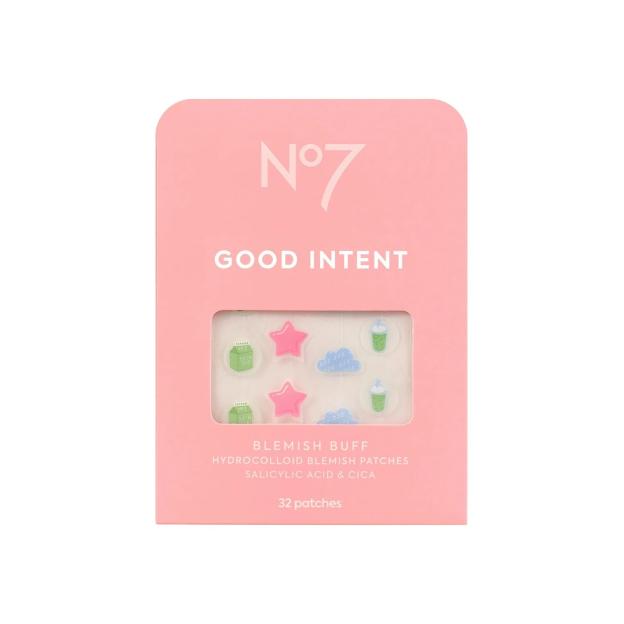 No7 Good Intent Blemish Buff Hydrocolloid Blemish Patches in a pink box.