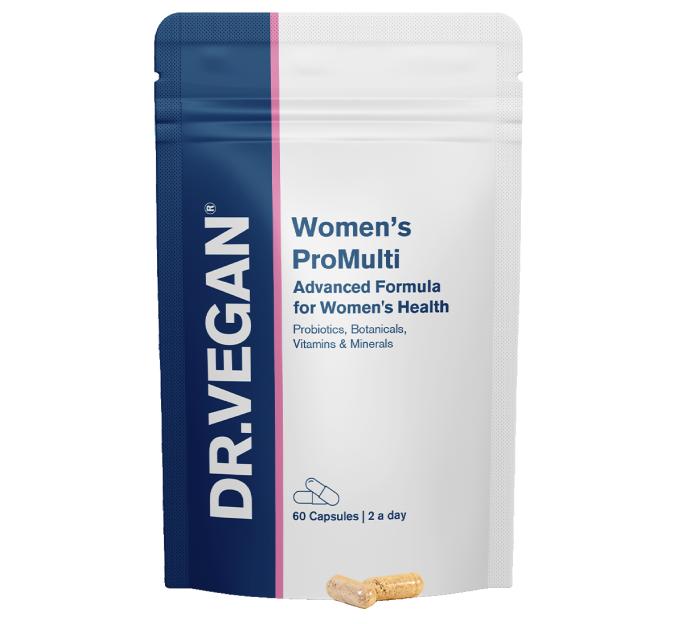 Dr Vegan Women's ProMulti Advanced Formula for Women's Health supplement pouch with two capsules at the bottom.