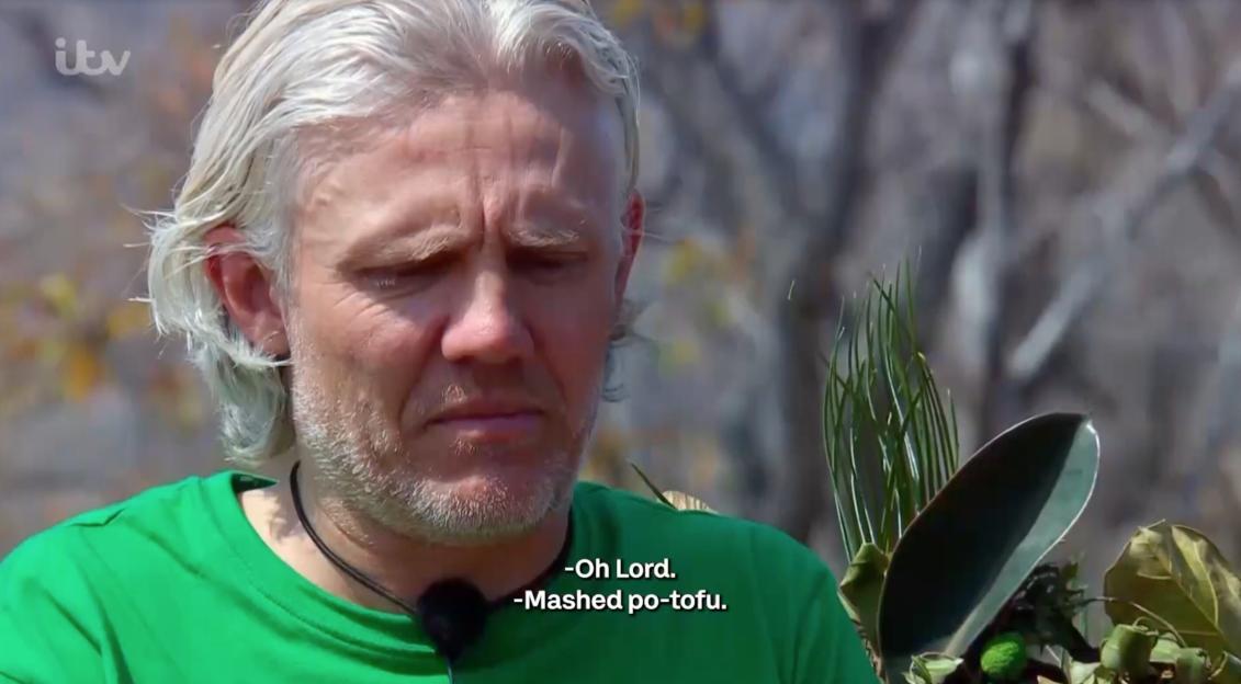 Close-up of a man with long, gray hair and a beard, wearing a green shirt, looking displeased with text on the bottom right that reads "-Oh Lord. -Mashed po-tofu."