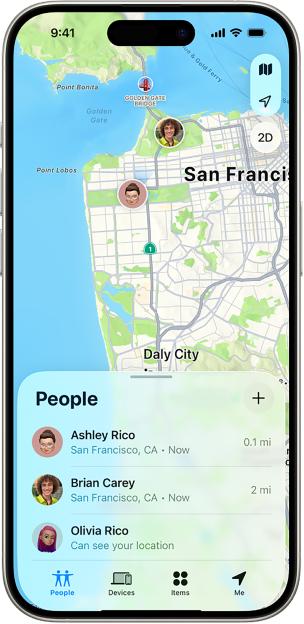 A phone displaying the Find My app, showing a map of San Francisco with people's locations and a list of contacts.
