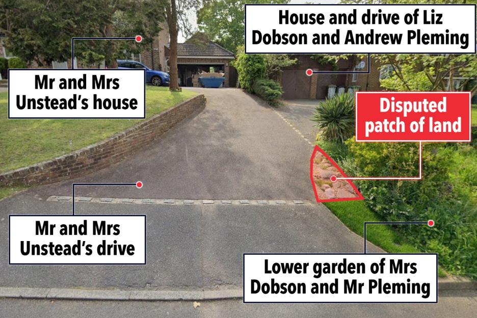 Illustration of a neighbor patch dispute, showing two houses and their drives, with a disputed patch of land outlined in red.