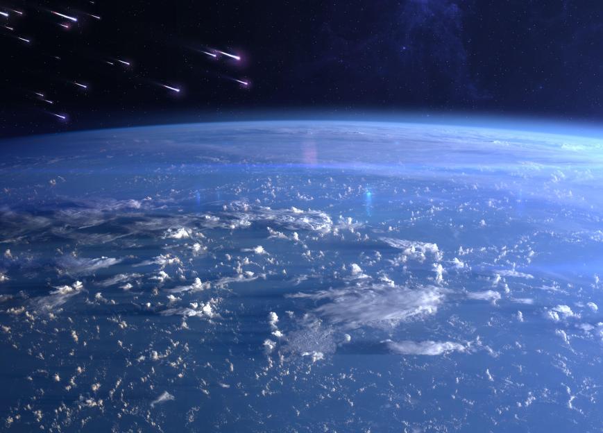 Planet Earth and meteor shower. Meteor rain Quadrantids, Lyrids, Aquariids, Perseids, Leonids, Geminids. Elements of this image furnished by NASA.