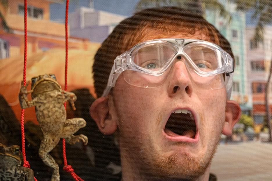 Man in safety goggles with mouth agape, standing near frogs during a Bushtucker Trial.