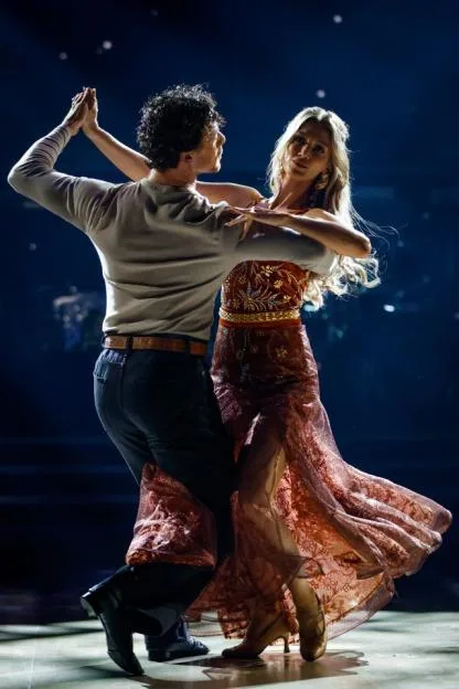 Kai Widdrington and Delta Goodrem perform a routine on Strictly Come Dancing.