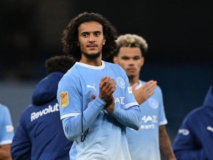 Ayyoub Bouaddi of Manchester City applauds the fans after the game.