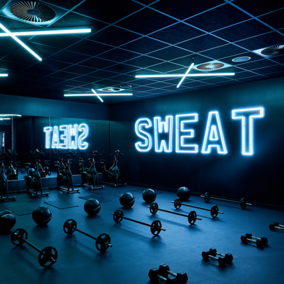 Gym floor with weights, barbells, and exercise bikes, with a neon sign reading "SWEAT."