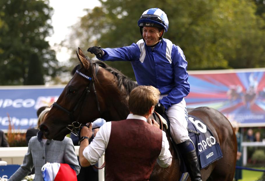 Jockey Jim Crowley celebrates with Baaeed after winning the Queen Elizabeth II Stakes.