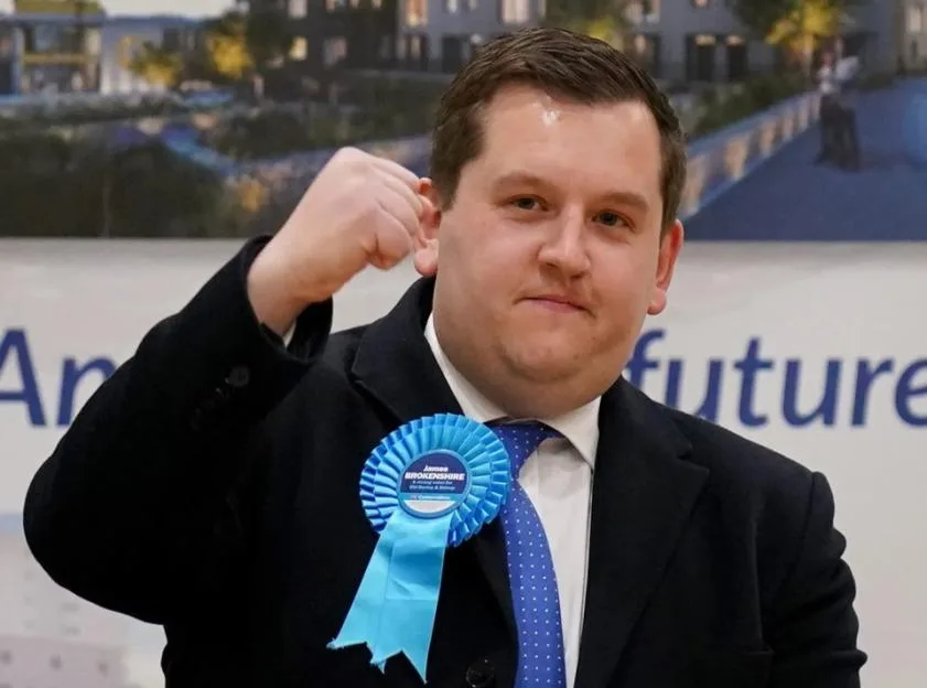 Conservative candidate Louie French celebrates victory in the Old Bexley and Sidcup by-election.