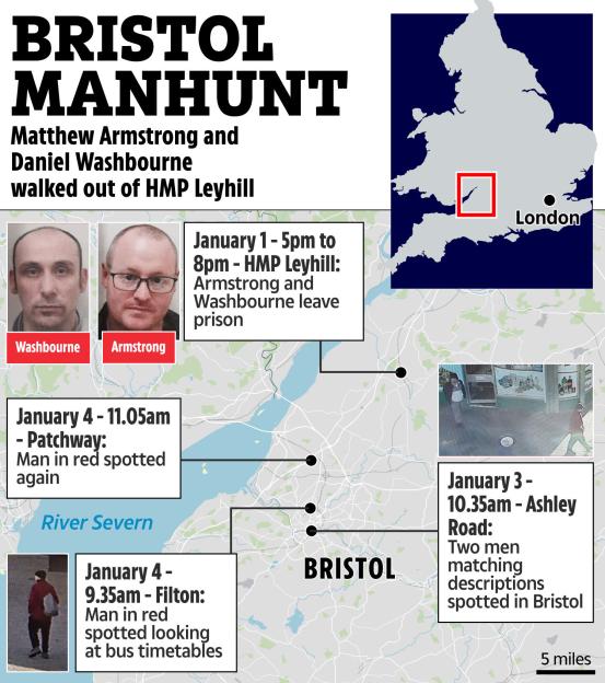 Collage of a map of England and the Bristol area tracking two escaped prisoners, with photos of the men and surveillance images of sightings.