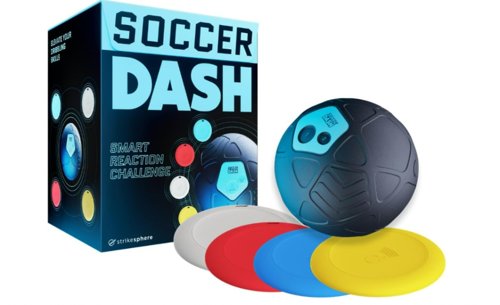 Soccer Dash smart reaction challenge box with a smart soccer ball and colorful discs.