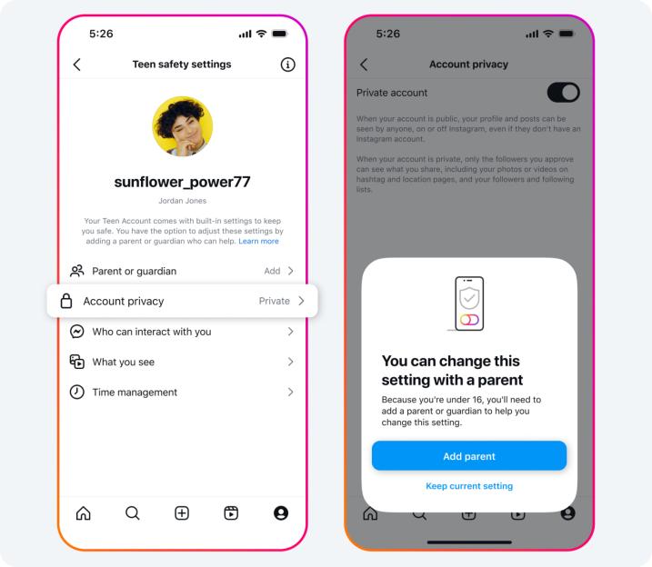 Collage of two mobile screens showing Instagram's teen safety settings, including an account privacy option that requires parental approval for users under 16.