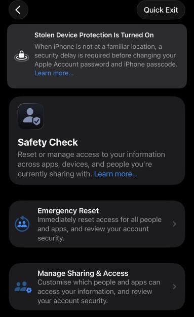 An iPhone screen showing Stolen Device Protection, Safety Check, Emergency Reset, and Manage Sharing & Access features.