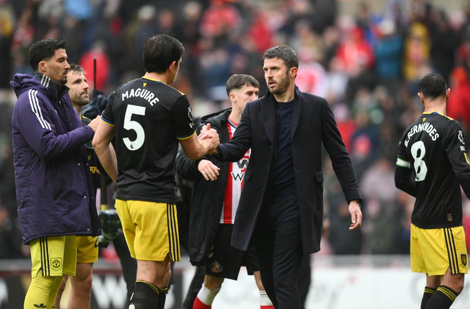 Sunderland, UK. 09th May, 2026. Michael Carrick manager of Manchester United shakes hands with Harry Maguire of Manchester United during the Premier League 2025/26 League match between Sunderland and Manchester United at Stadium of Light on May 9th,