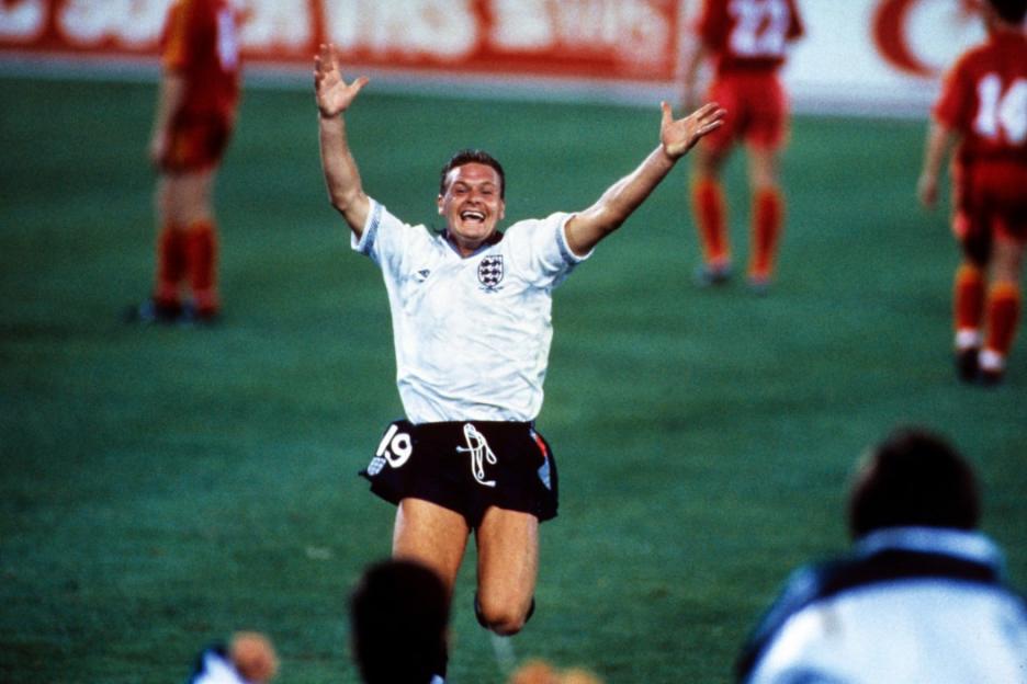 England player Paul Gascoigne celebrates a goal during a match against Belgium at the 1990 FIFA World Cup.