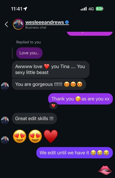 A screenshot of a text message conversation between "wesleeeandrews" and Tina Prodromou, featuring flirtatious messages and emojis.
