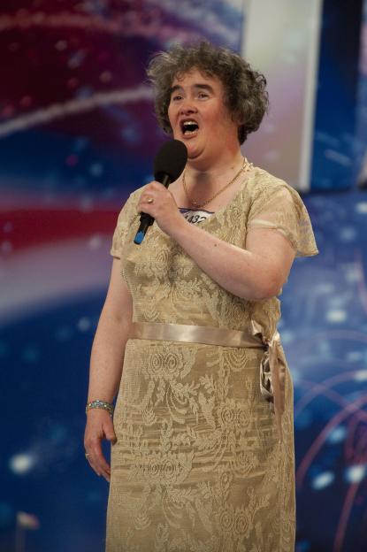 Susan Boyle singing into a microphone during her audition for Britain's Got Talent.