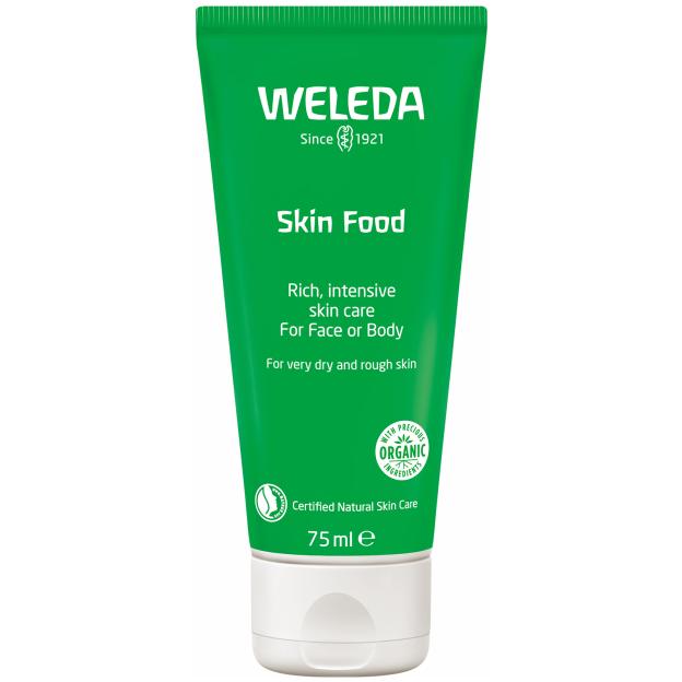 A green tube of Weleda Skin Food rich, intensive skin care for very dry and rough skin, 75 ml.