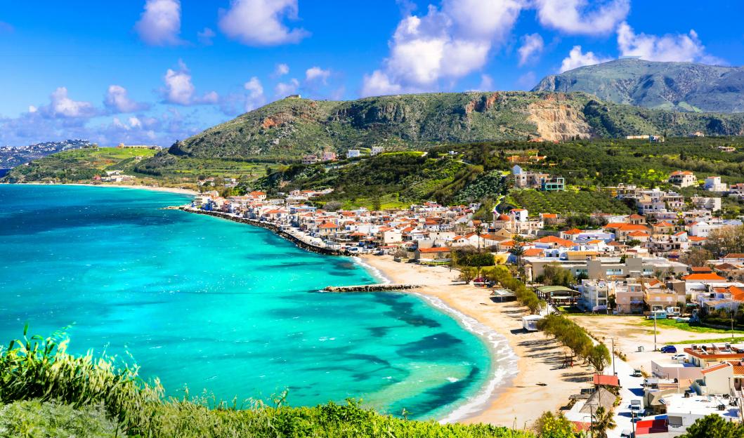 Stunning views of Kalyves bay and beach. Beautiful Crete island, Greece.