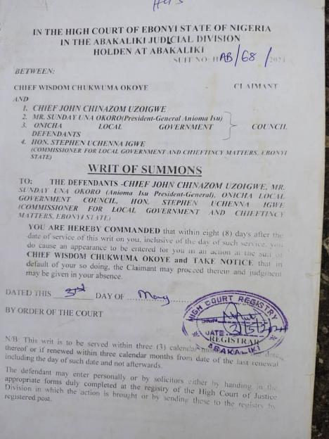 Legal Showdown Ignites Over Anioma Traditional Stool in Ebonyi Community