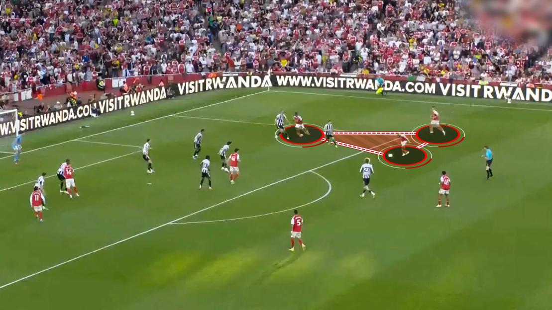 Soccer players on a green field with red and white graphical elements showing passing lines.