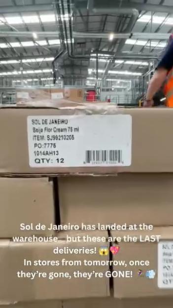 A warehouse worker stacks boxes of Sol de Janeiro Beija Flor Cream, with text overlays about limited availability.