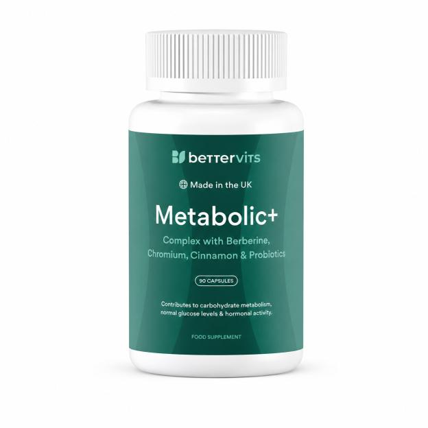 A bottle of Bettervits Metabolic+ food supplement.