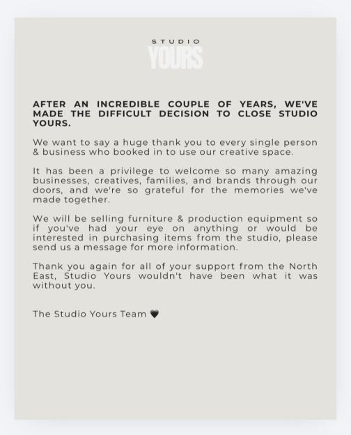 Announcement from Studio Yours that they are closing.