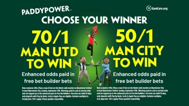 Man Utd vs Man City: Get 70/1 for United OR City at 50/1 to win Manchester derby on Sunday with Paddy Power