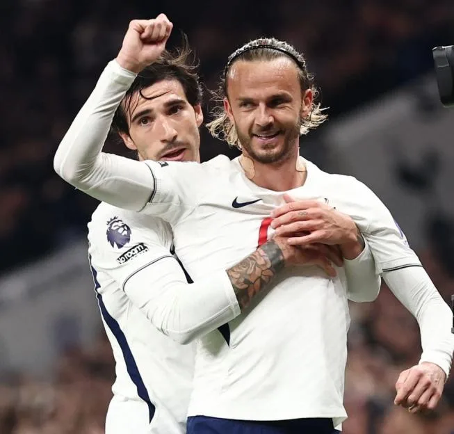 London, England, 19th October 2026. James Maddison of Tottenham (r) celebrates scoring the first goal with Sandro Tonali of Tottenham (l) during the Tottenham Hotspur vs Coventry City Premier League match at the Tottenham Hotspur Stadium, London. P