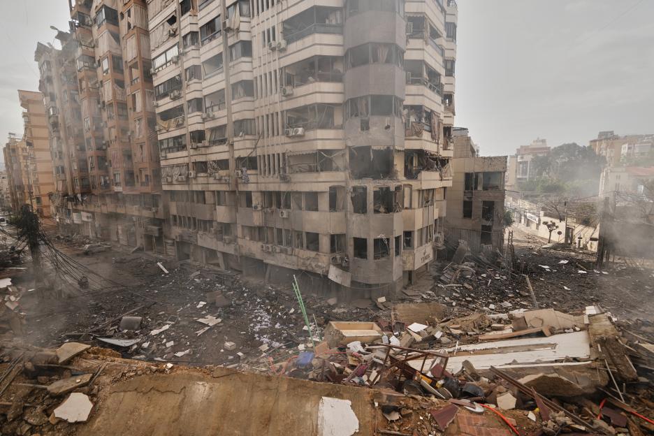 Debris litters the area around a building damaged in an Israeli airstrike in Dahiyeh, Beirut's southern suburbs, Lebanon.