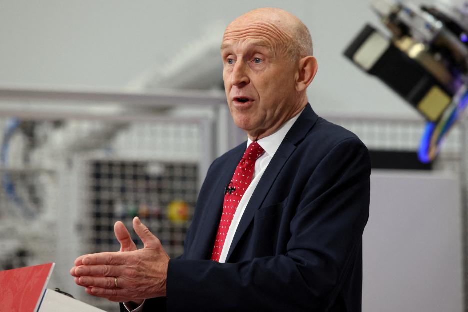 Britain's Chancellor of the Exchequer John Healey delivers a speech at the Manufacturing Technology Centre in Coventry.