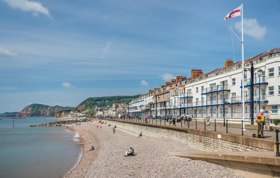 View of the Esplanade and beachfront in Sidmouth, East Devon, South West England.