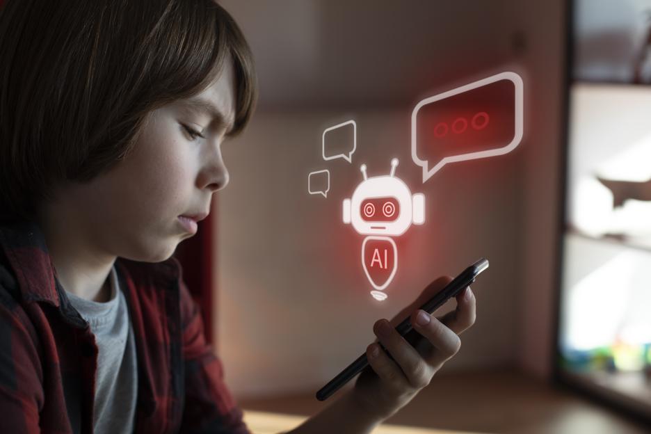 A serious boy using a chatbot application on a mobile phone, with red chatbot and message icons illuminated from the phone.