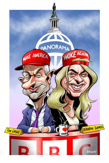 Illustration of Tim Davie and Deborah Turness wearing red "Make America Woke Again" hats, sitting at a BBC desk with the US Capitol building in the background.